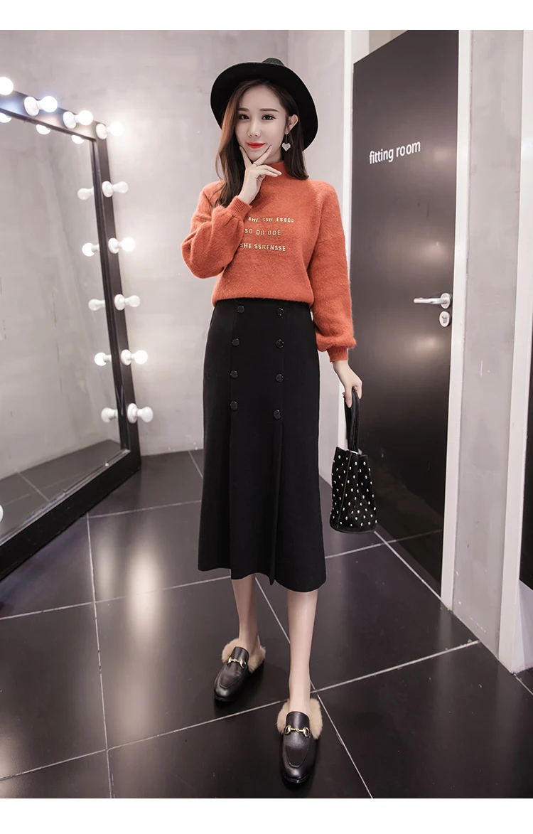 High Waist Stretch Knitted Skirt Women Elegant Double breasted Straight Long Skirts Female Autumn Winter Vintage Pleated Skirt