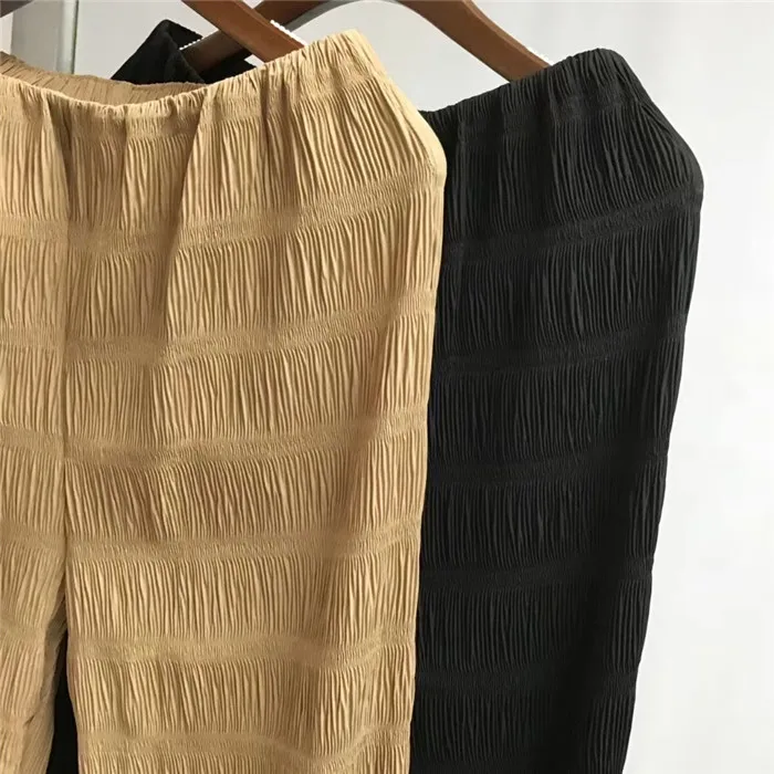 

WomenPleasted Long Pants Elastic Waist High Stripes Casual Trousers England Style Autumn Spring Clothes