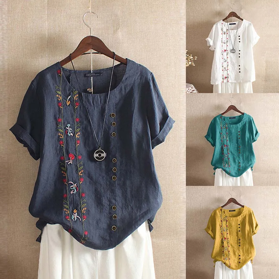 Женская блузка с вышивкой Повседневная хлопковая льняная рубашка большого