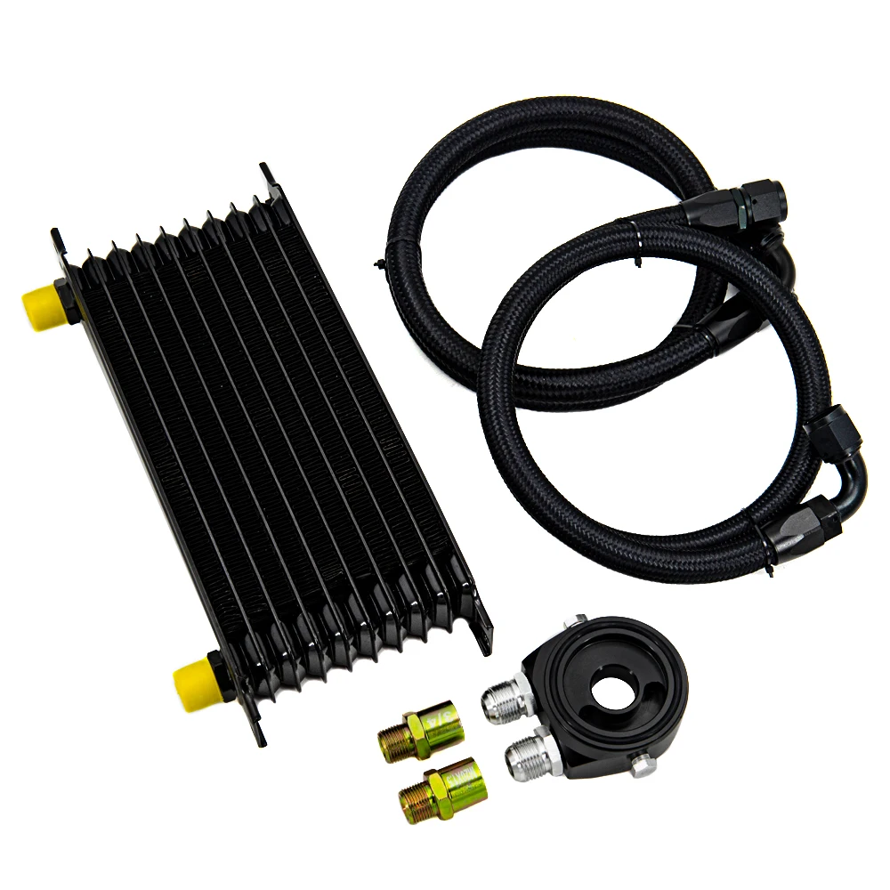 10 Rows Oil Cooler Kit AN10 Transmission Oil Cooler Kit Oil Filter Adapter With Nylon Stainless Steel Braided Hose