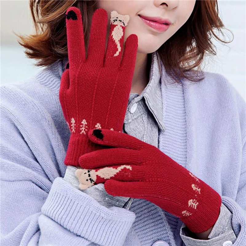

Warm Winter Knitted Full Finger Gloves Mittens Women Cute Cartoon Cats Touchable Screen Gloves Hand Schoenen Guantes Gloves