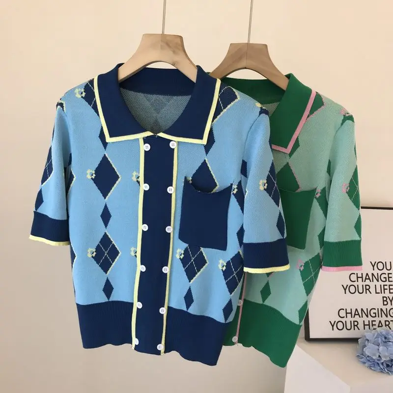 

Korean Fashion Women's Sweater Chic Pattern Short Sleeve Knitwear T-shirt Women's Tops Casual Women Clothing Outerwear SL085
