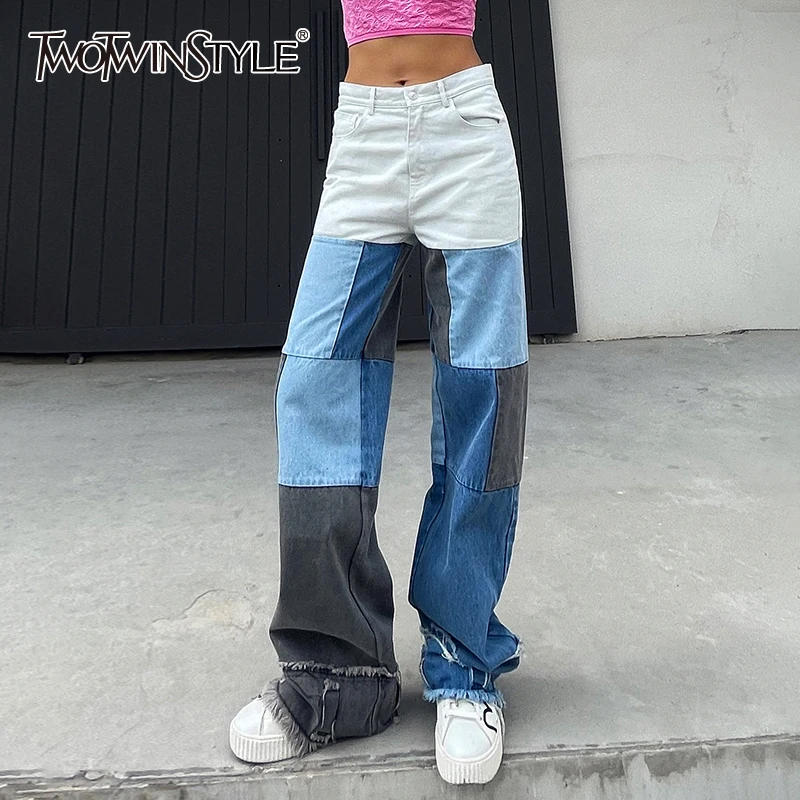 

TWOTWINSTYLE Casual Colorblock Jeans Women High Waist Straight Korean Fashion Wide Leg Pants For Female Streetwear 2021 Clothing