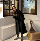 Женское длинное пальто, черная модная ветровка в Корейском стиле преппи в стиле ретро, повседневное теплое шерстяное пальто, весна-Зима 2022, женское плотное пальто