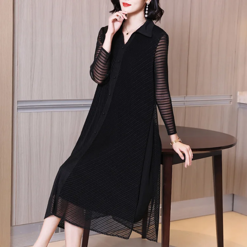 

2021 Spring Women's Net Fabric Over Knee Long Sleeve Plus Size Pleated Dress