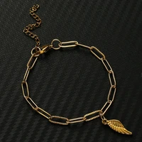 stainless steel feather charm paper clip bracelet for woman girls angel wings bracelet silvergold color valentines day gift