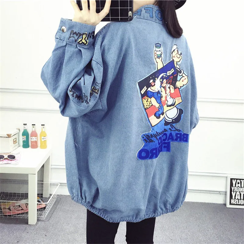 

Spring Autumn Print Stand Collar Denim Coat Women's Loose Vintage Plus Size Jeans Jacket Plus Size Casual Student Zipper Outwear
