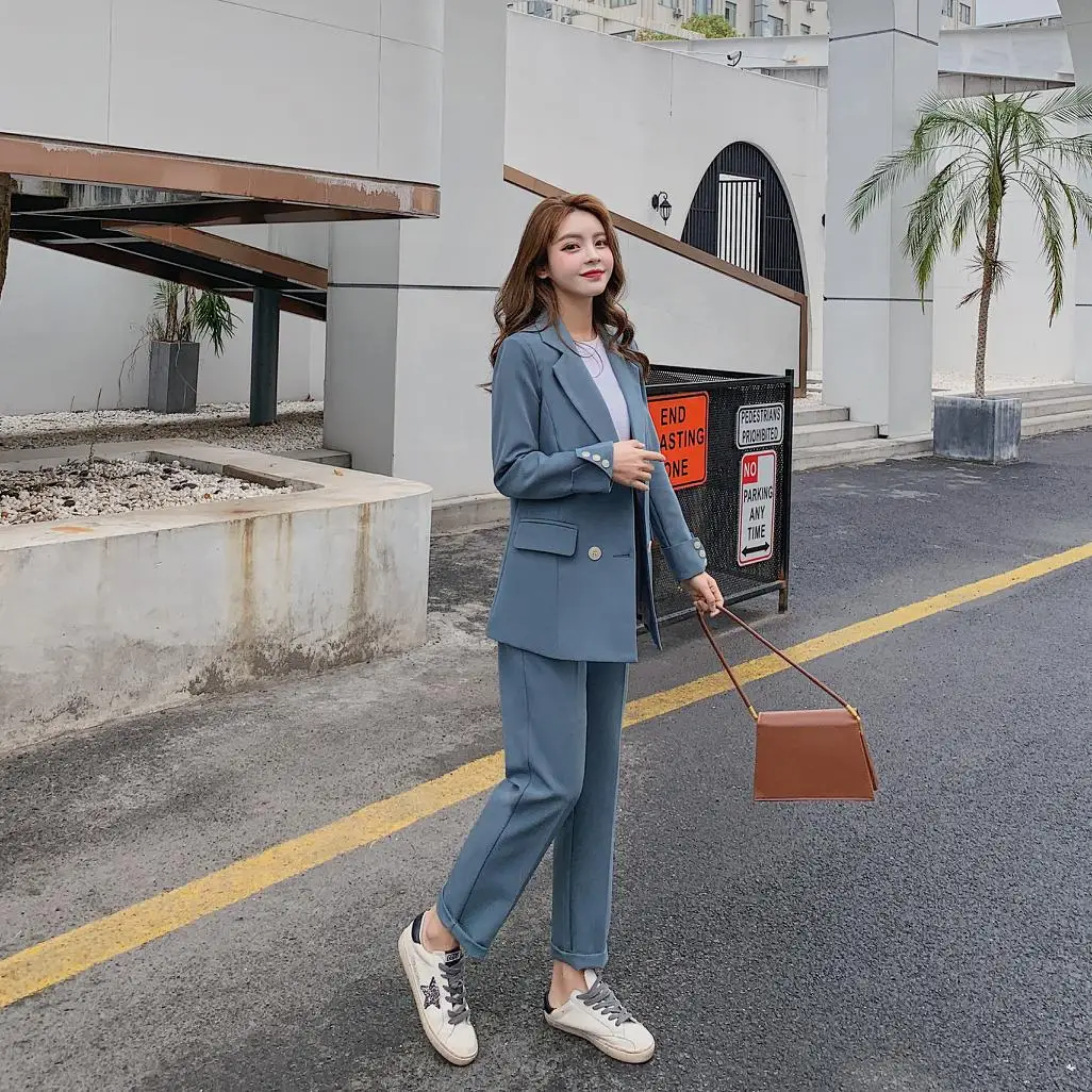 Повседневный Однотонный женский брючный костюм блейзер с отложным воротником и