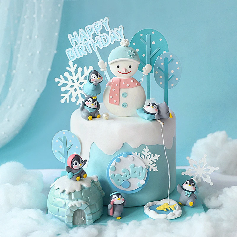 

Winter Snowflake Penguin snowman Christmas Cake Topper for Xmas Party Baking Decoration Dessert Supplies Love Gifts