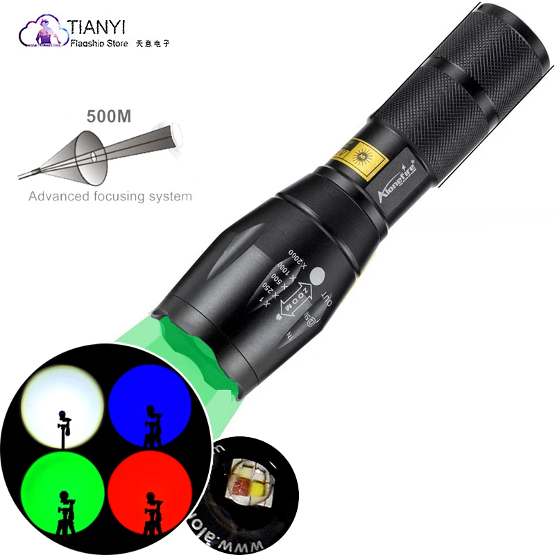 WRGB LED 4IN 1 Flashlight (Red light blue light green light white light LED) 12000 Lumens Zoomable Super bright torch Recharge