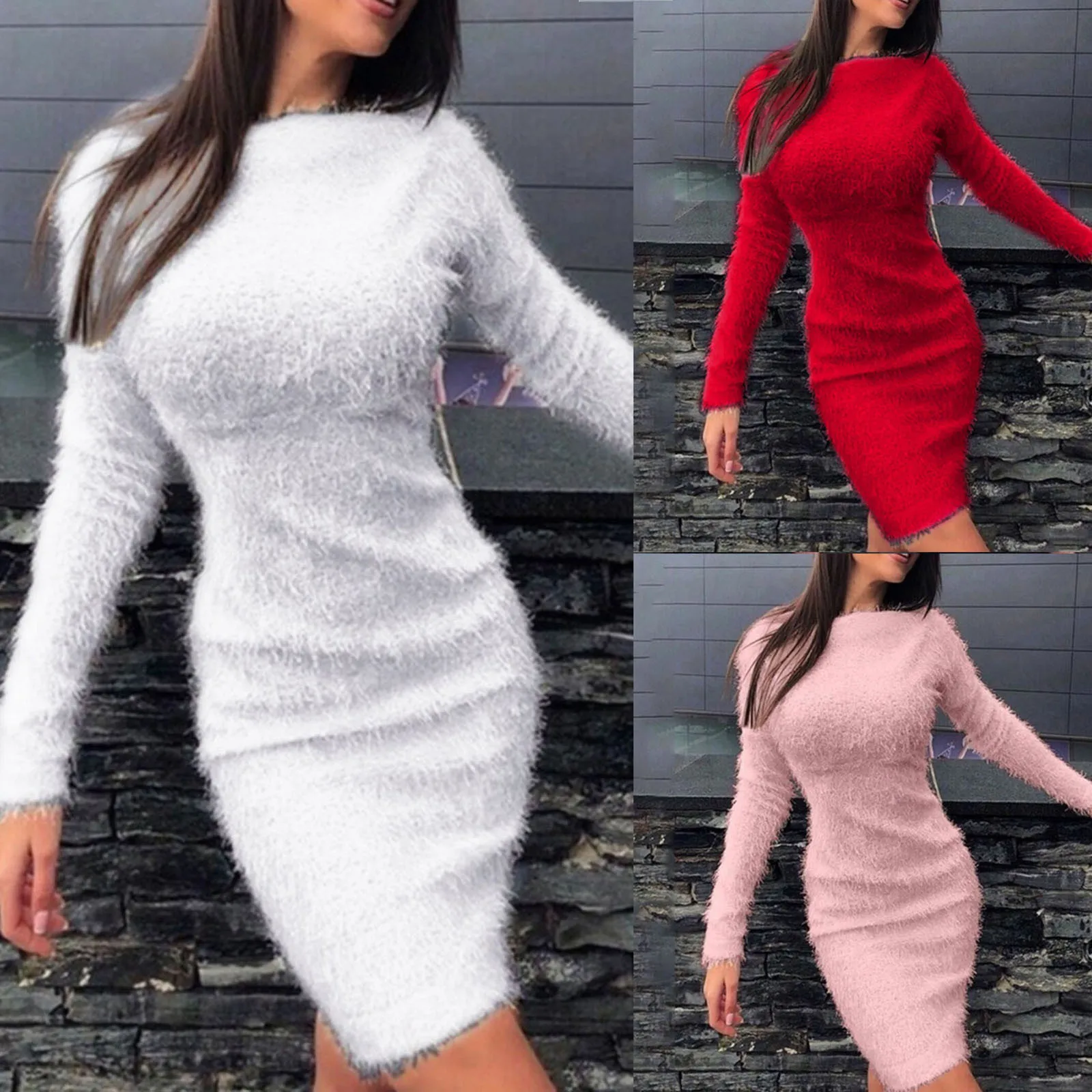 

Осенне-зимнее женское платье-свитер, однотонное Белое Облегающее Платье, мягкое теплое вязаное платье 2021