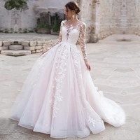 elegant wedding dresses illusion lace applique court train romantic bride dress long sleeve wedding gown for bride custom made