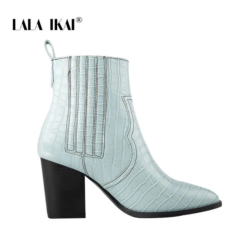 Blue LALA IKAI/женские зимние ботильоны на квадратном каблуке; Цвет Синий; осенние ботинки из искусственной кожи и флока; Bota Feminina; ботинки на среднем каблуке-шпильке; XWC4051-4 - Цвет: Blue