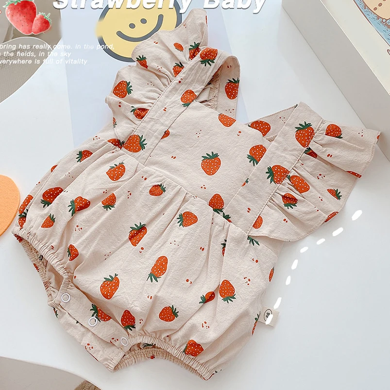 

Cute Strawberry Printing Baby Girls Romper Summer Linen Cotton Ruffles Lace Sleeveless Jumpsuit for Toddler Girls Clothing Set