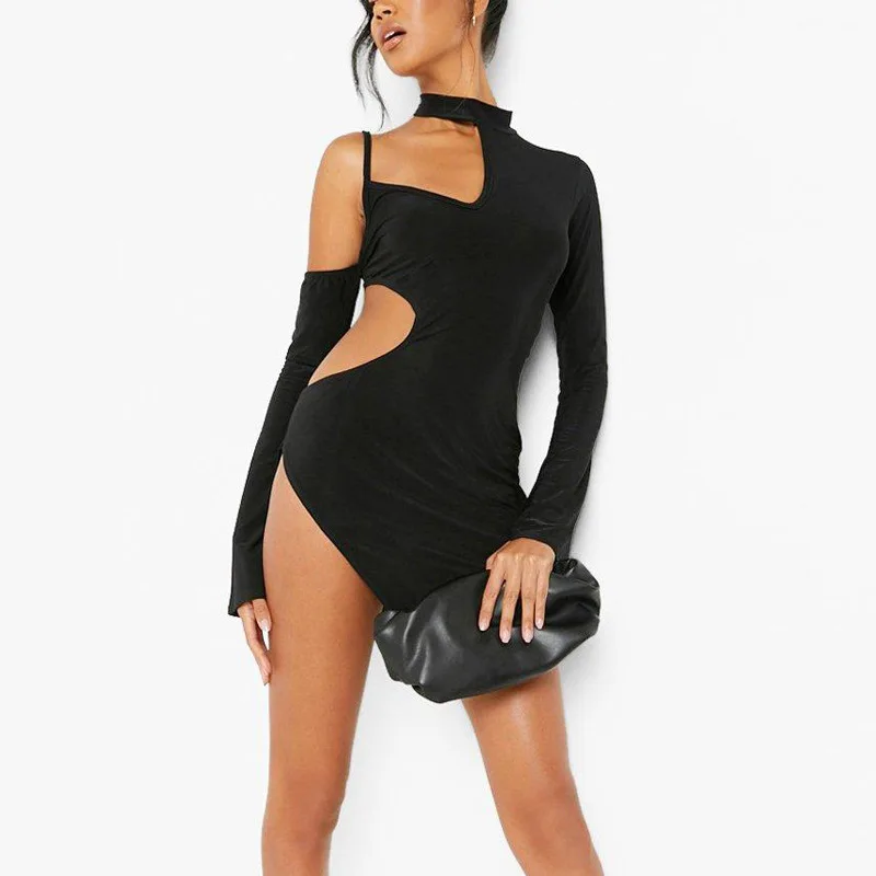 

INS 2021 Autumn New Women Dress Fashion O-Neck Long Sleeve Solid Irregular Sexy Night Club Hollow Out Sheath Slit Mini Dress