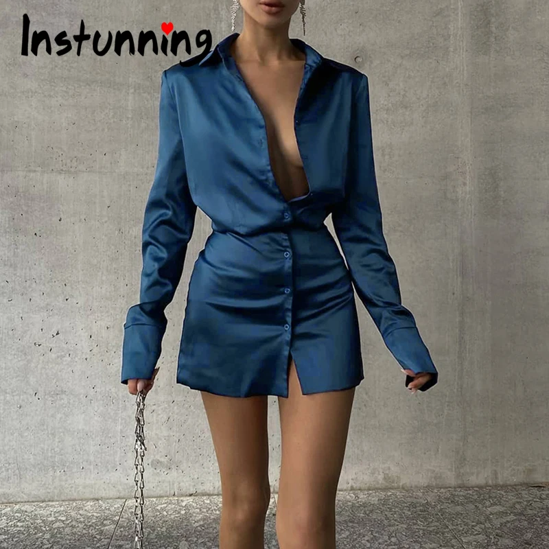 

Instunning Women Satin Turn Down Collar Dress Club Long Sleeve Casual Elegant Vintage Bodycon Sexy Solid Dress Female Clothing