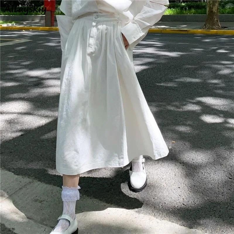 

Japan Style Skirt Women Solid High Waist Cargo Midi-skirts Student Loose A-line Elegant Streetwear White Faldas Mori-girl Chic