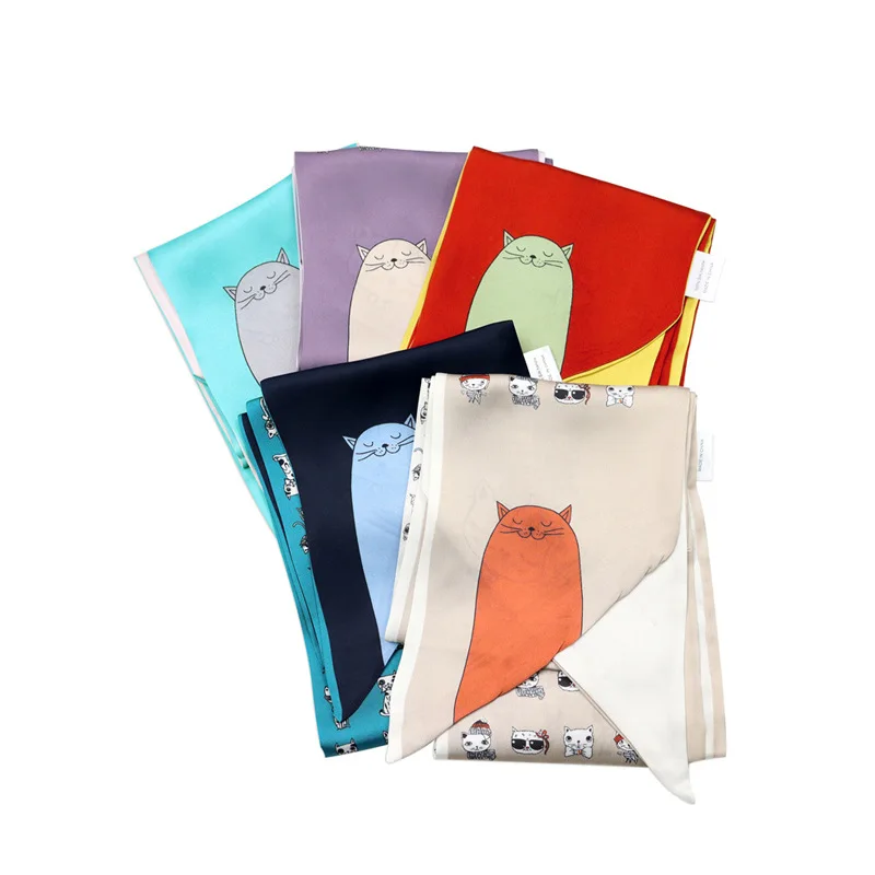 

2021 New Summer Lovely Cat Wide Long Silk Scarf Female Wrist Tie Hair Ribbon Adornment Long Bag Belt Hair Belt For Women