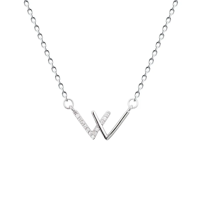 

W Initial Necklaces Double V Rhinestone Inlay Statement Elegant 925 Silver Clavicle Chain Necklace Fashion Jewelry