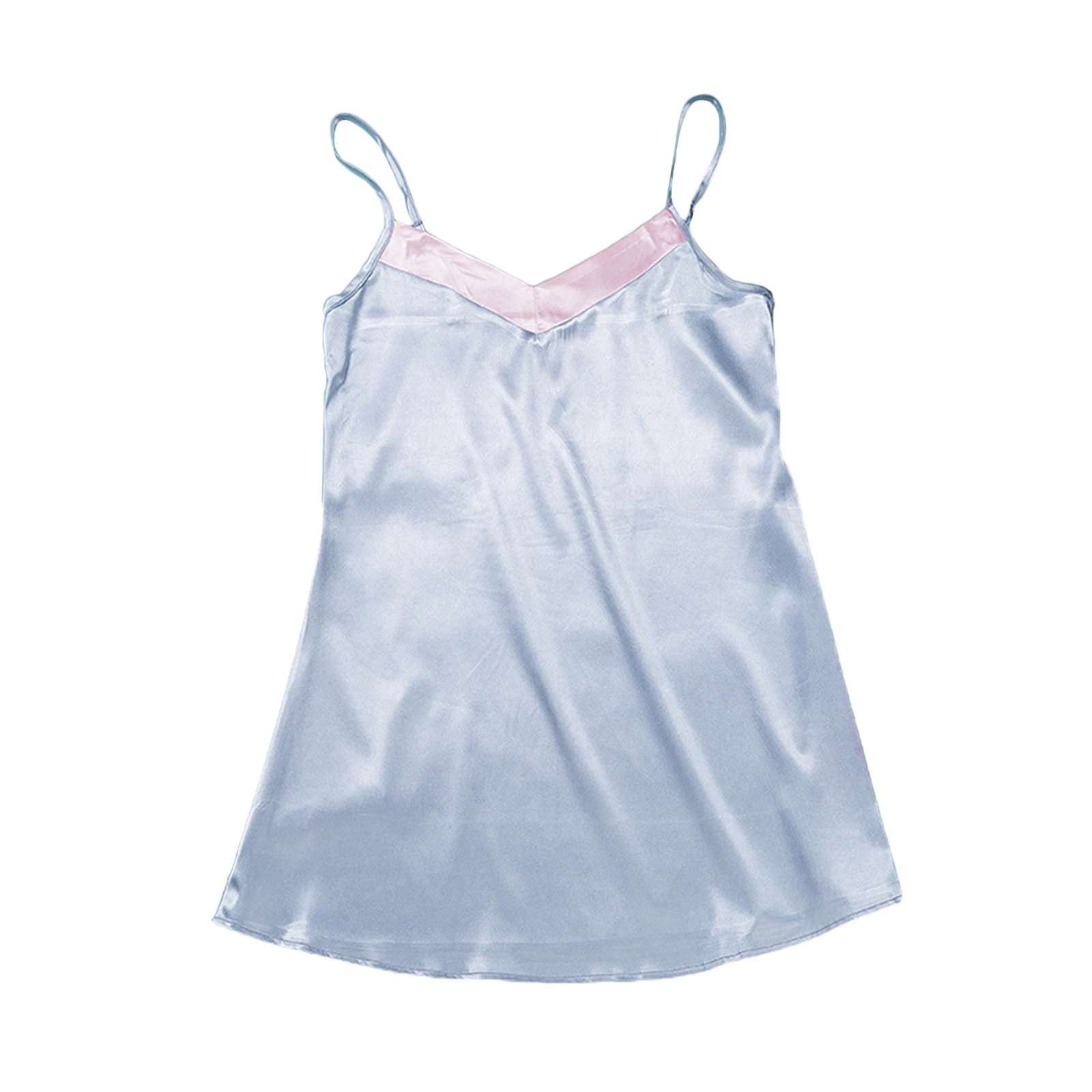 

Women Summer Night Skirts Match Color Adjustable Spaghetti Strap V-Neck Sling Sleep Dress for Girls Silver Gray/Pink