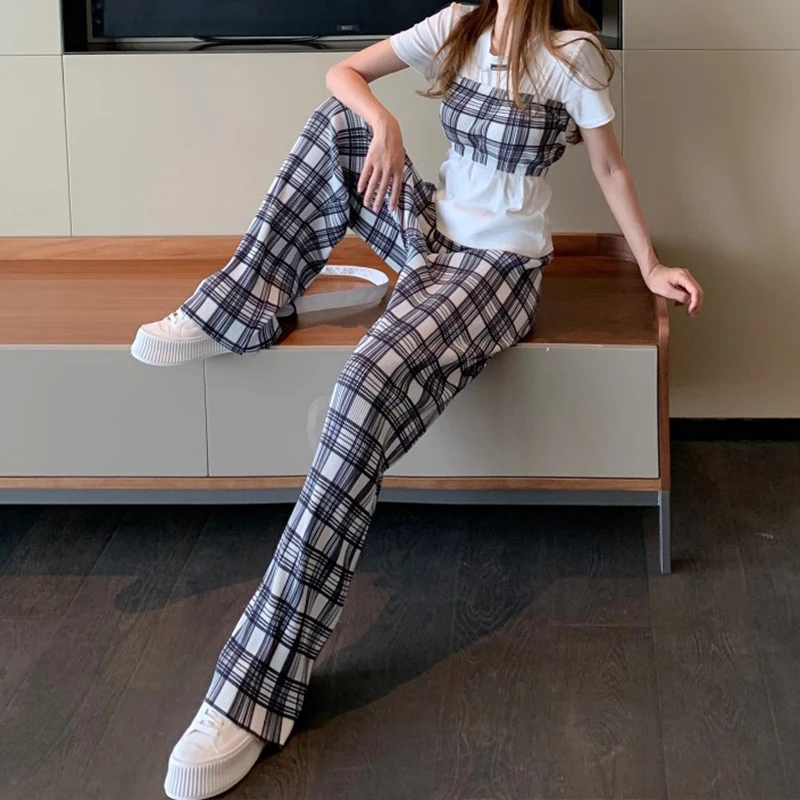 

FORYUNSHES Two Piece Plaid Set Women Sexy Corset Top Sets Strapless Ruched + High Waist Loose Casual Wide Leg Long Trousers