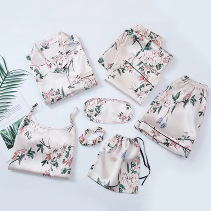 

Sexy Pajama Set Women Print Pyjamas 7 Pieces/Set Long Shirt Pants Stitch Lingerie 2020 Fashion Sleepwear