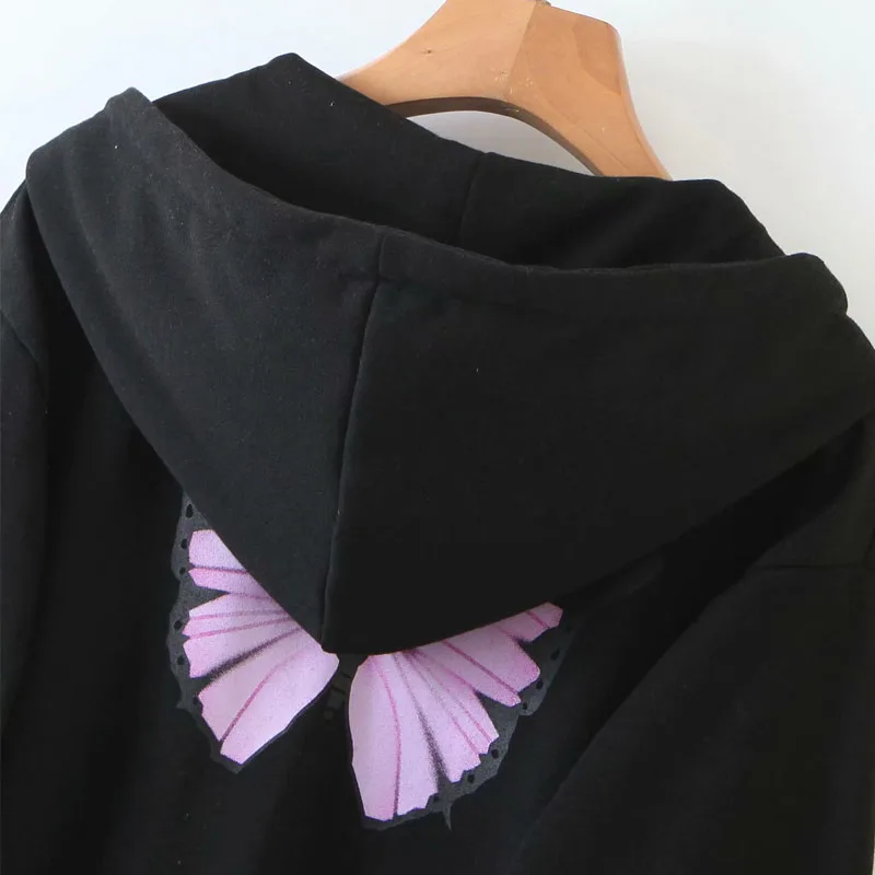 

Long Sleeve Butterfly Print Hooded Loose Chic Women's Sweatshirt Black Drawstring Pocket Holiday Female Sweatshirt
