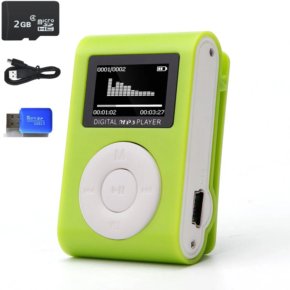 2 Гб памяти автомобиля мини USB Клип ЖК-экран MP3 музыкальный плеер Поддержка MP3-плеер USB линия передачи данных наушники спортивный металлический музыкальный плеер - Цвет: Зеленый