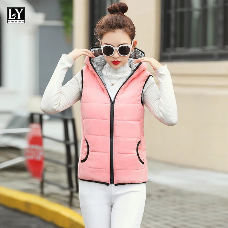 

LY VAREY LIN New Autumn Winter Women Vest Cotton Hooded Casual Slim Waistcoat Female Fashion Sleeveless Lady Jacket