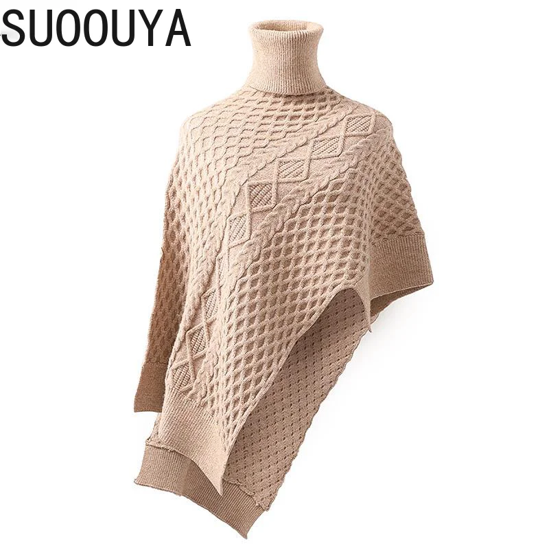 

[SUOOUYA] Women Irregular Vintage Sweater Asymmetry Turtleneck Knit Sweater Women Fashion Short Women Sweaters Pullovers 2021