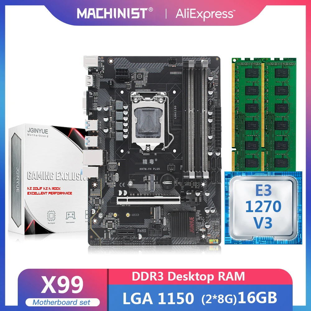 

JGINYUE H97 материнская плата LGA 1150 набор с процессором Xeon E3 1270 V3 и DDR3 16 Гб (2*8 ГБ), настольной памятью RAM H97M-VH PLUS