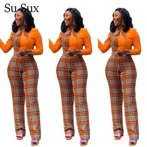 Элегантный женский комбинезон, комбинезон в клетку с длинным рукавом, широкие брюки, комбинезон для офиса, леди, Vestidos, одежда в африканском стиле