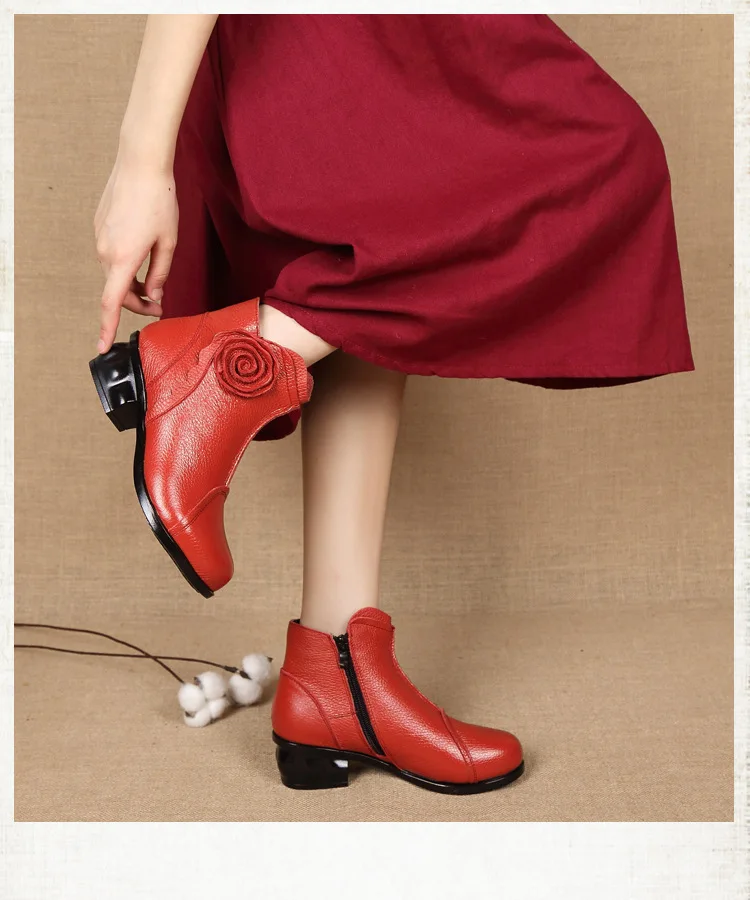 Ylqp/ г. Новая осенне-зимняя теплая обувь на каблуке с круглым носком и цветочным рисунком женские ботинки из натуральной кожи на меху, женские ботильоны на молнии сбоку