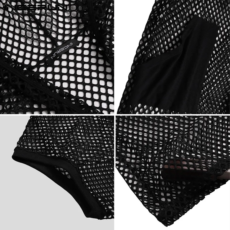 

Fashion Men Mesh Vests See Through Hooded Open Stitch Sleeveless Outerwear Streetwear Long Waistcoats Casual Vests Men INCERUN