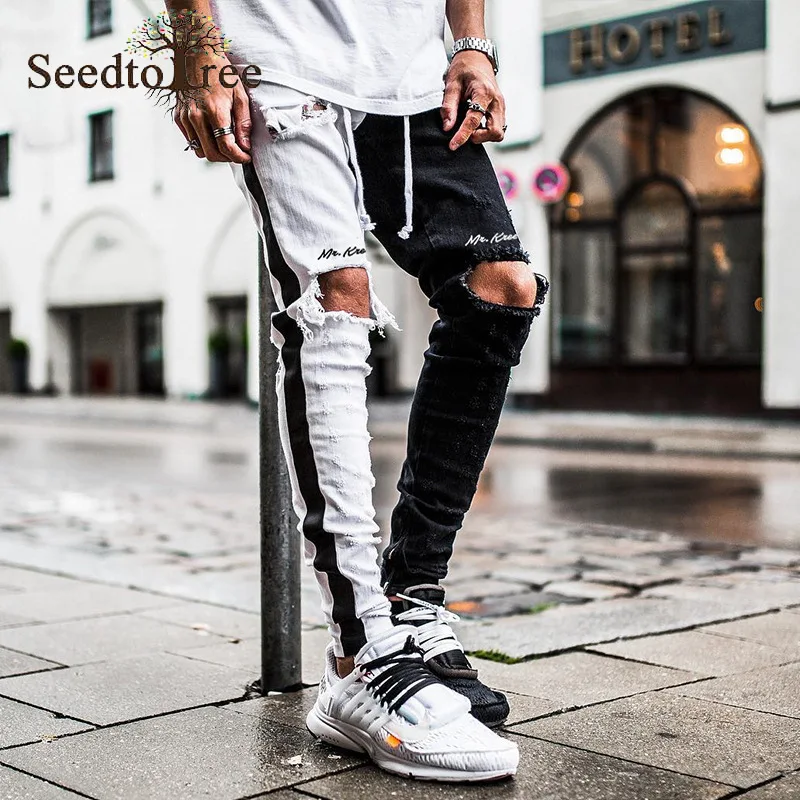 

Spring and Autumn Ripped Jeans Men's Self Cultivation Straight Zipper Feet Washed Hole Patchwork Pants