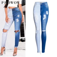 2021 skinny ripped jeans woman contrast color slim jeans for women denim pants plus size stretchy slim color block pencil pants