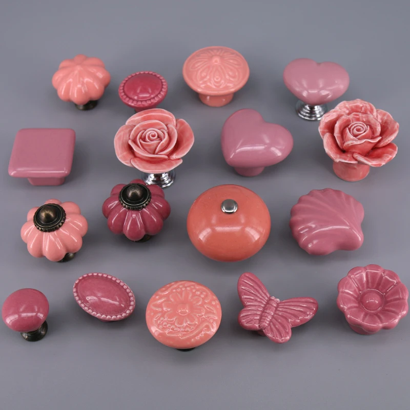 1PC Ceramic Dresser knobs Pink/rose red Cabinet Drawer Door Cupboard Pull Knobs Handles Children's Room Closet Handles