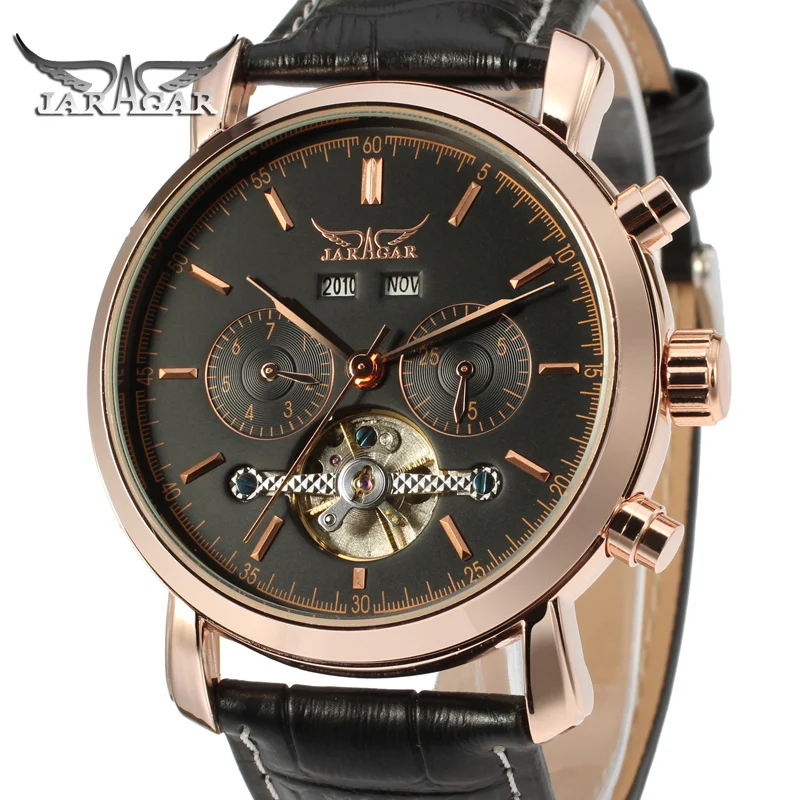 

Jaragar, Мужская коллекция механические часы Tourbillon автоматические Полный календарь из натуральной кожи черного цвета Топ Роскошные брендовые ...