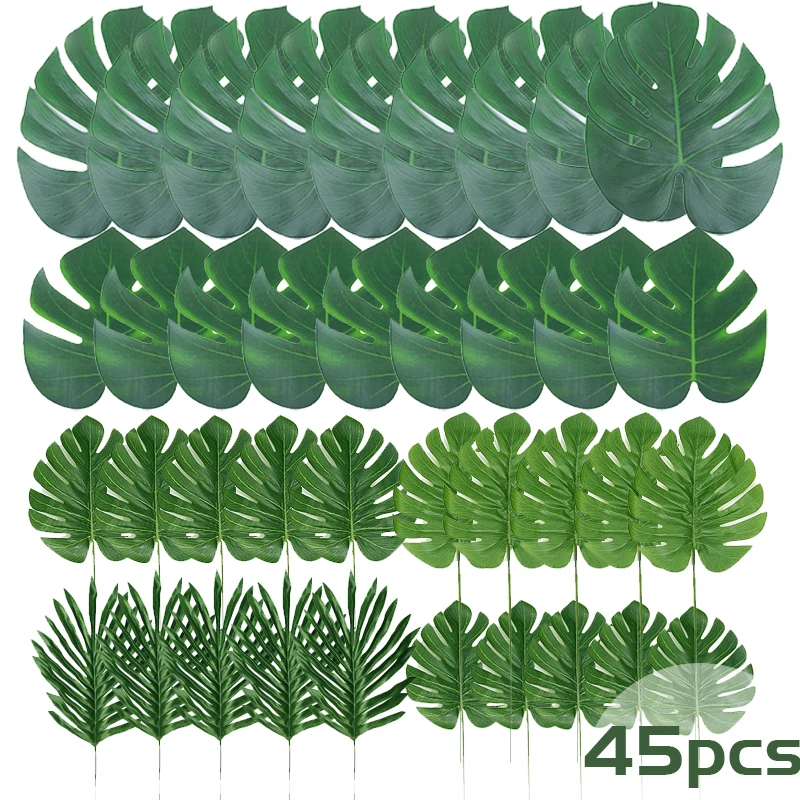 

45Pcs/set Artificial Plant Palm Tropical Plant Leaves Hawaiian Party Decor Aloha Palm leaf Jungle Beach Wedding Summer party Dec