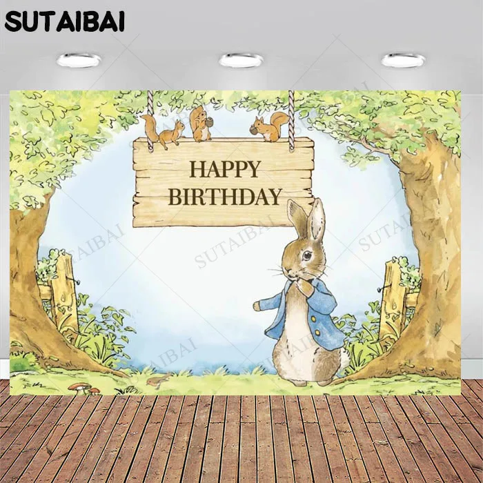 Happy Birthday Easter Bunny Squirrel Tree Path Garden Custom Photo Studio Backdrop Background Vinyl