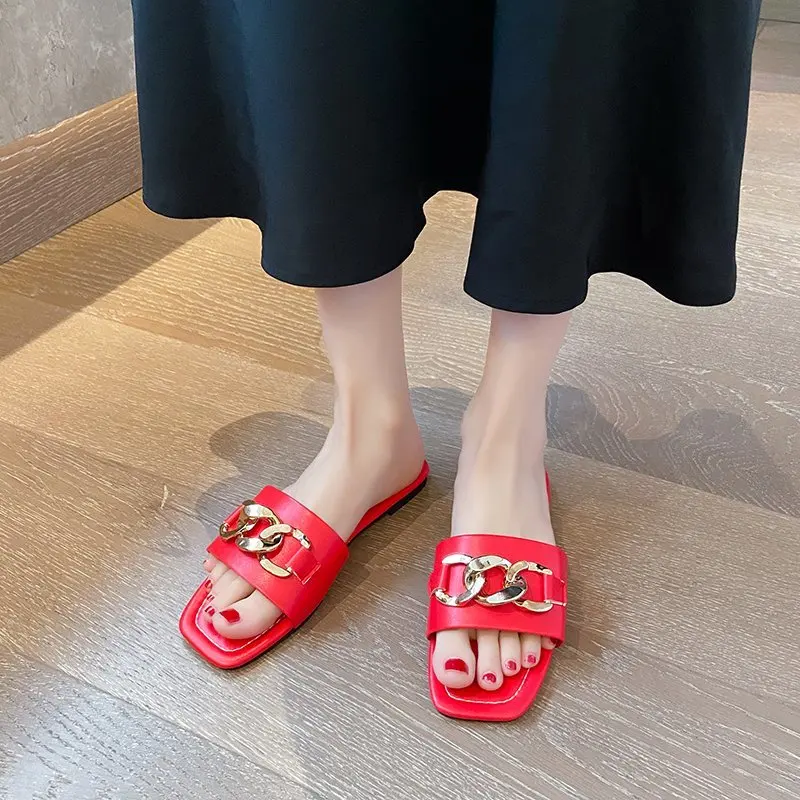 

Women Square Toe Slippers Flats Shoe 2021 Summer Casual Slides Outdoor Women Fashion Designer Metal Chain Slippers Large Size 42
