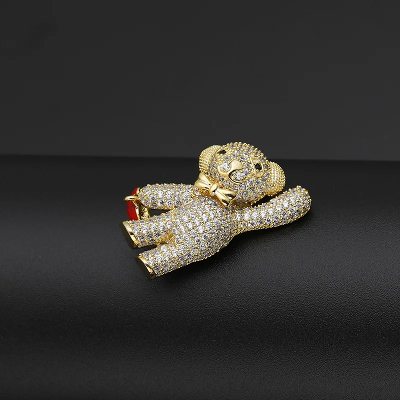 Lovely Bear Crystal Brooches for Women Sweet Teddy Holding Red Heart Enamel Pins Gold Bowknot Brooch Vintage Animal Jewelry