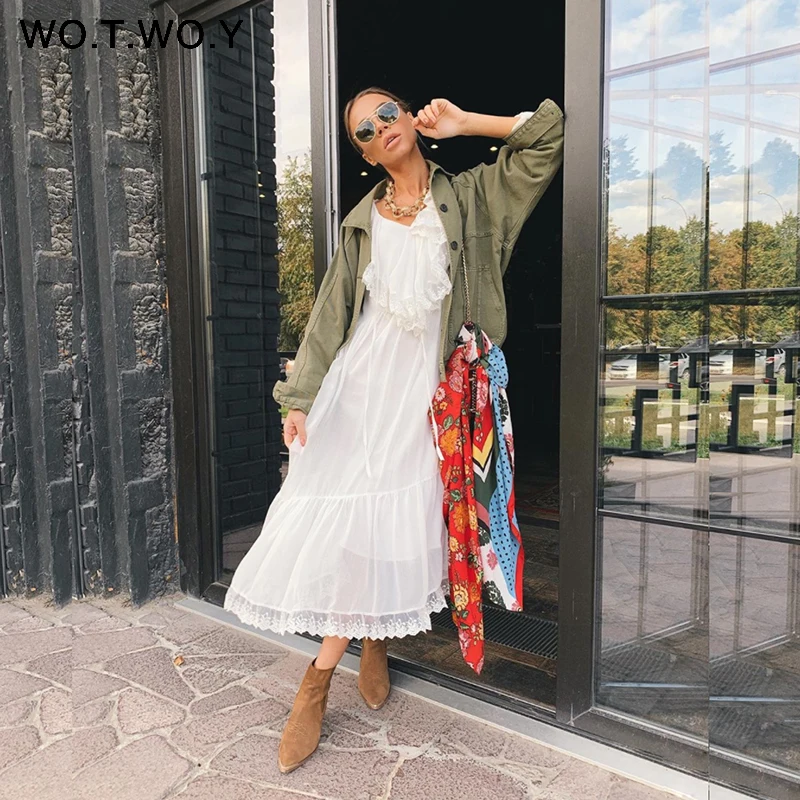 Женское кружевное платье до середины икры WOTWOY белое свободное с пышными рукавами
