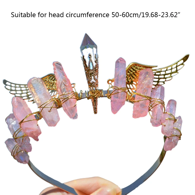 

68UA Handmade Colorful Raw Crystal Quartz Crown Headband Retro Angel Wing Tiara Halo Hairband Antique Wedding Headdress