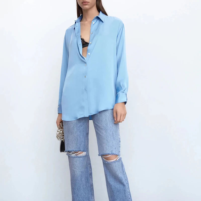 

KUMSVAG Women Summer Casual Solid Satin Shirts Blouses Tops 2021 ZA Long Sleeve Loose Female Fashion Street Top Smock Blusas