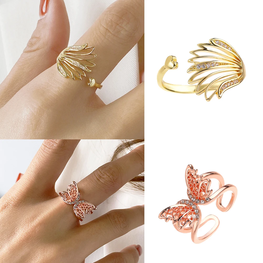 

Korean Heart Wings Butterfly Ring for Women Zircon Hollow Feather Double Copper Open Ring Fashion Trend Jewelry New Girl Gift