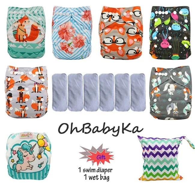 Ohbabyka водонепроницаемый детский карман пеленки Моющиеся Многоразовые подгузники из ткани детские подгузники 6 шт+ 6 шт микрофибры вставки+ 1 бесплатный подгузник мешок