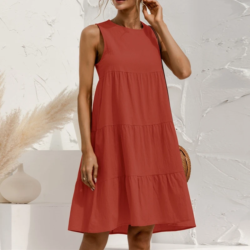 

Sleeveless Casual Loose Solid Dress Women Summer O-Neck Sexy Off Shoulder Tank Holiday Sundress