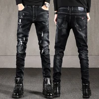 autumn and winter ripped thick stretch jeans mens korean slim ankle tied jeans mens trousers ripped jeans for men punk clothes