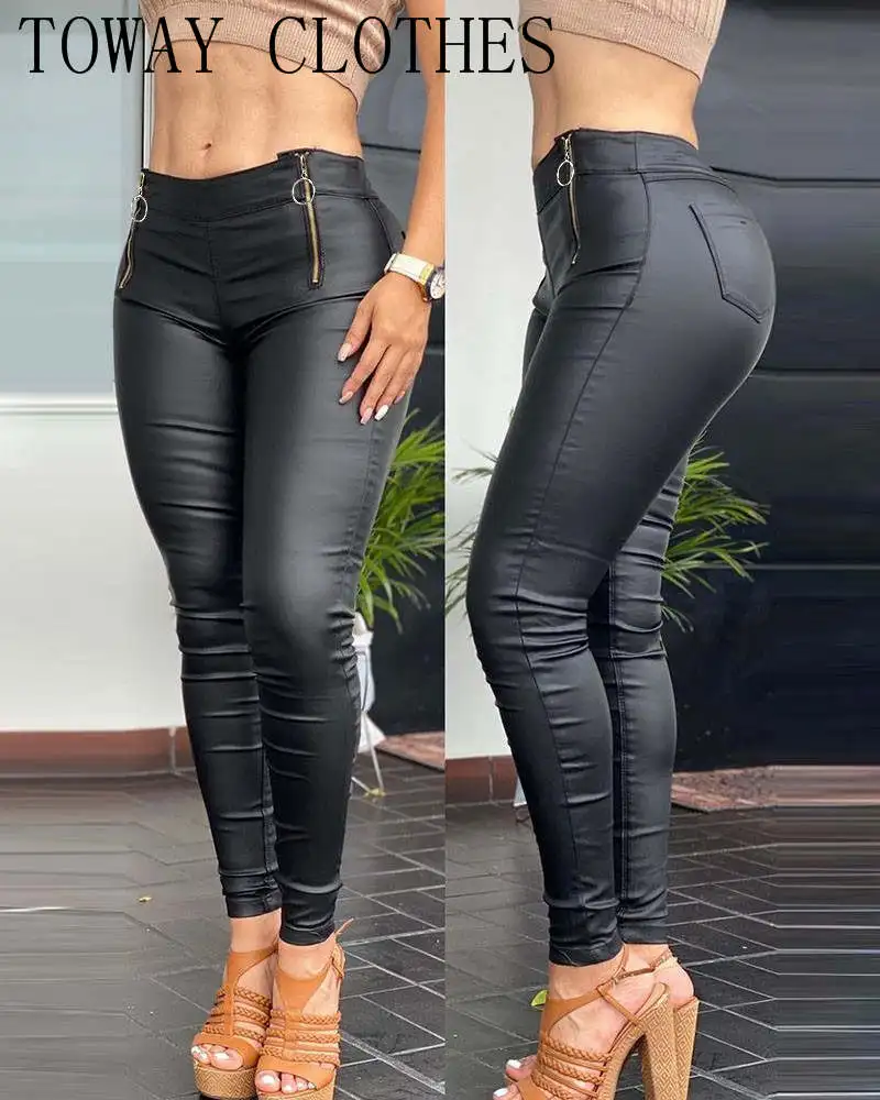 

Women Solid Color PU Leather Zipper Pocket Design Skinny Pants